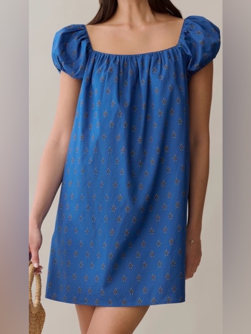 Kourt Nya Cotton Dress Blue Bijou Puff Sleeve Mini NWT Large